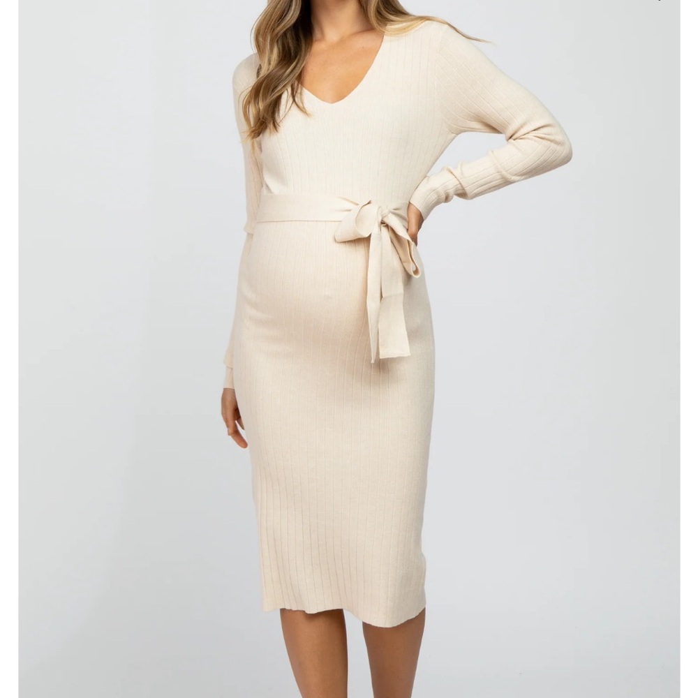 Beige Tie Front Maternity Sweater Dress